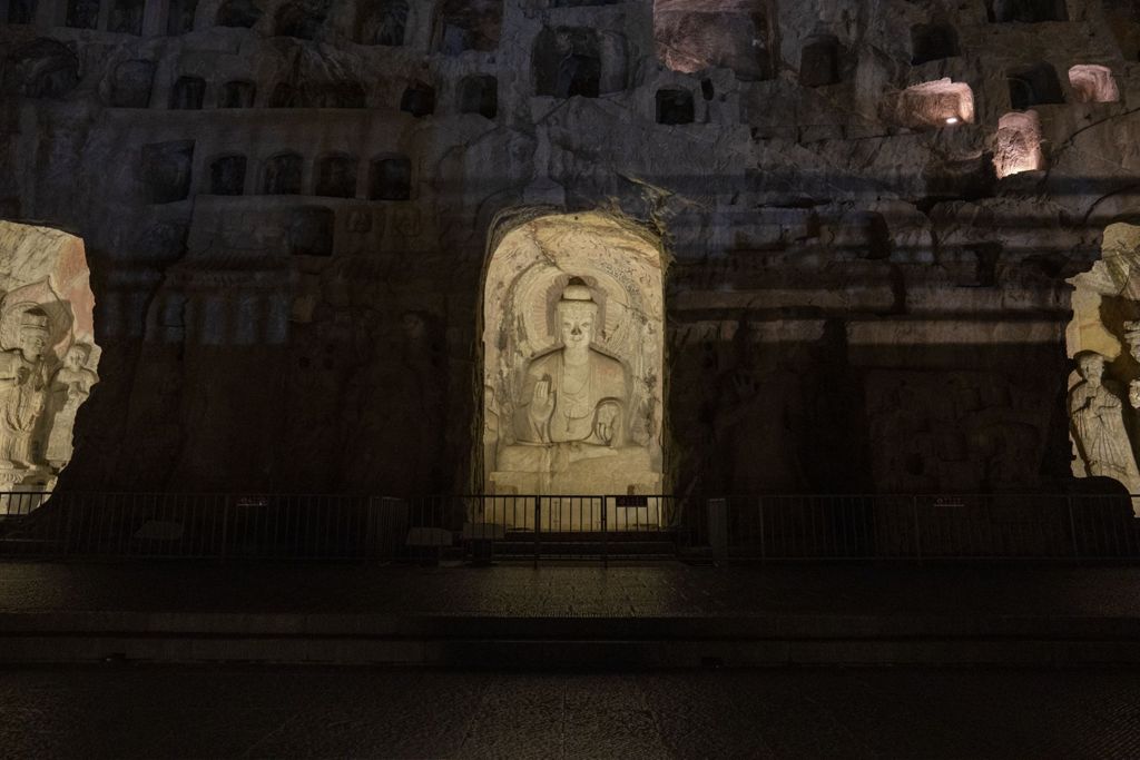 Miniature of Longmen Binyang Central Cave, exterior, night view