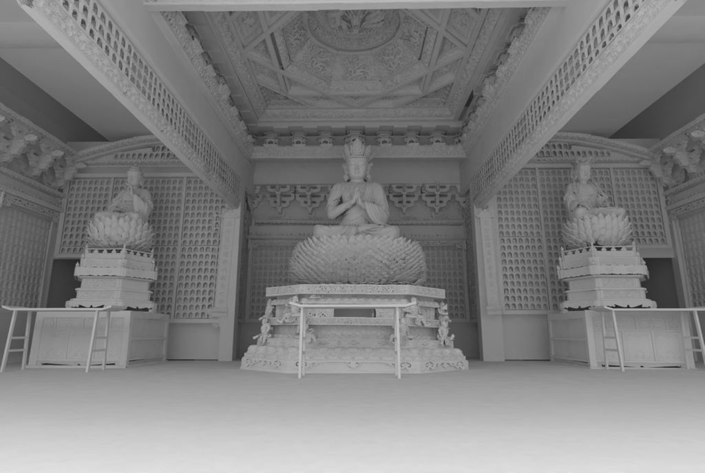 Miniature of Buddha Triad from Wanfo Pavilion (Wanfoge, Ten Thousand Buddhas Pavilion), interior digital reconstruction