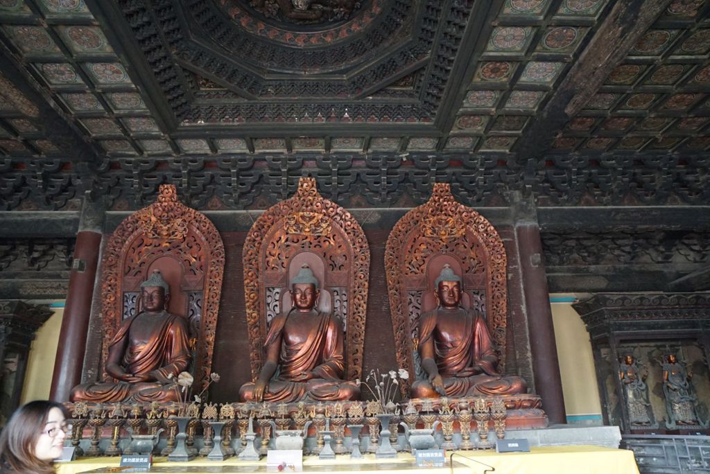 Miniature of Dazhi Hall (Dazhidian, Hall of Great Wisdom), three seated bodhisattvas